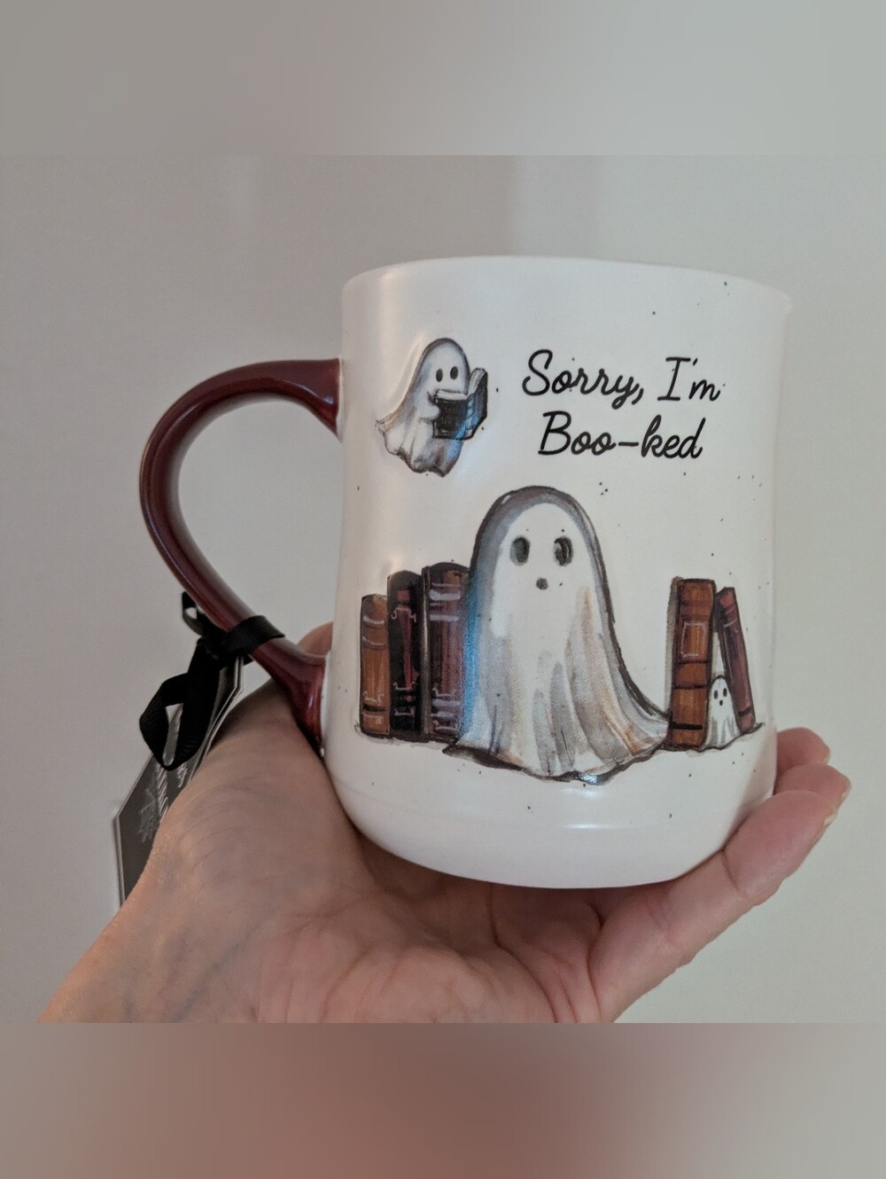 GHOST READING BOOKS
Sorry, I'm Boo-ked! Halloween Mug Cobwebs & Cauldrons NWT - Picture 7 of 8
